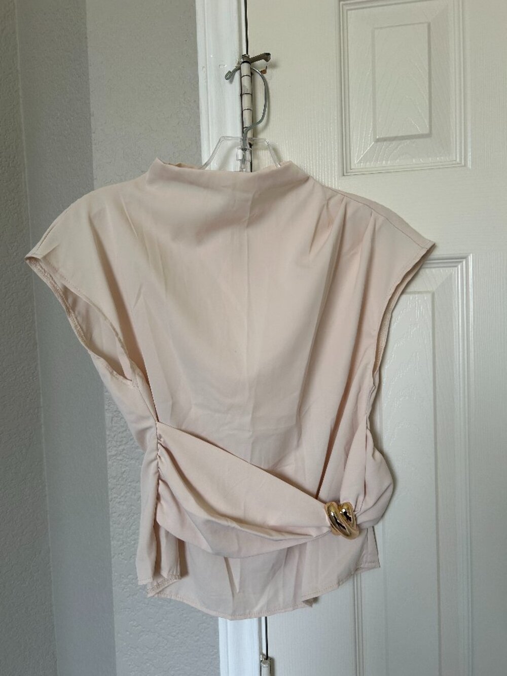 Shein Mock Neck Blouse with Cap Sleeves and Asymmetric Waist Wrap - Cream -Small